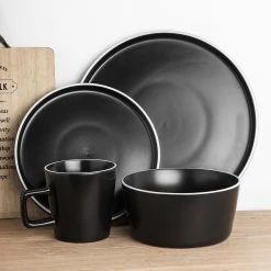 Promo 🧨 Stone Lain Allison Stoneware Dinnerware Set - Black Matte, White Rim 😍 -Cheap Stonelain Store bfpj0riwanshbysn0djt