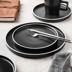 Promo 🧨 Stone Lain Allison Stoneware Dinnerware Set - Black Matte, White Rim 😍 -Cheap Stonelain Store yttxo02kbwqypi9ix9zq